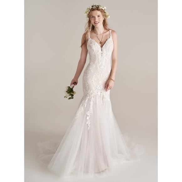 REBECCA INGRAM Mermaid Lace Full Length Wedding Gown Embroidered Mesh Ethereal - Picture 1 of 16